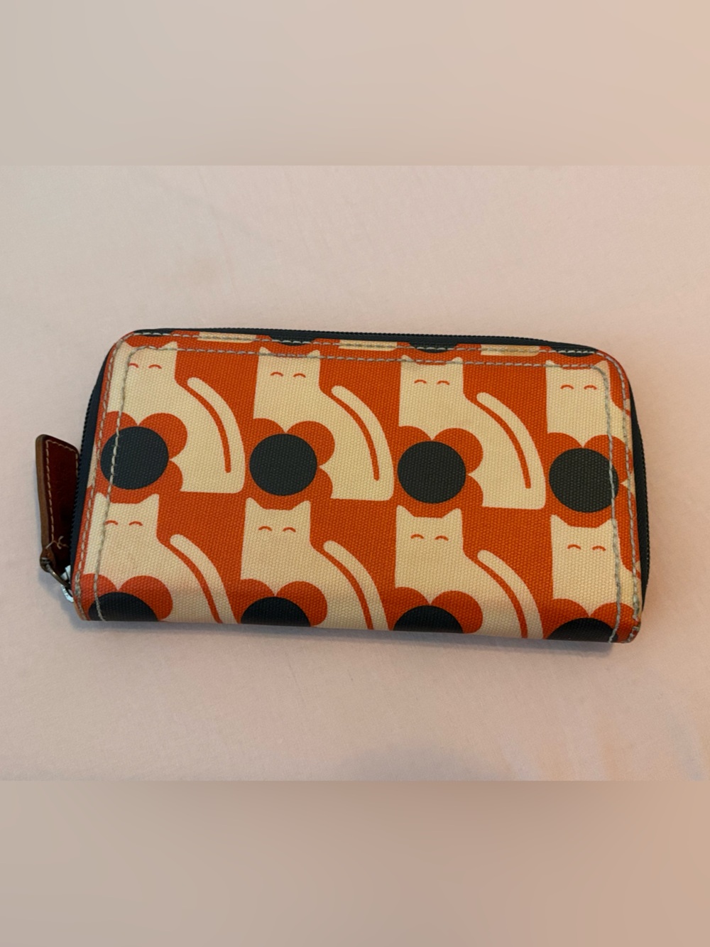 Orla Kiely Orange, Cream and Black Cat Pattern Zip Wallet